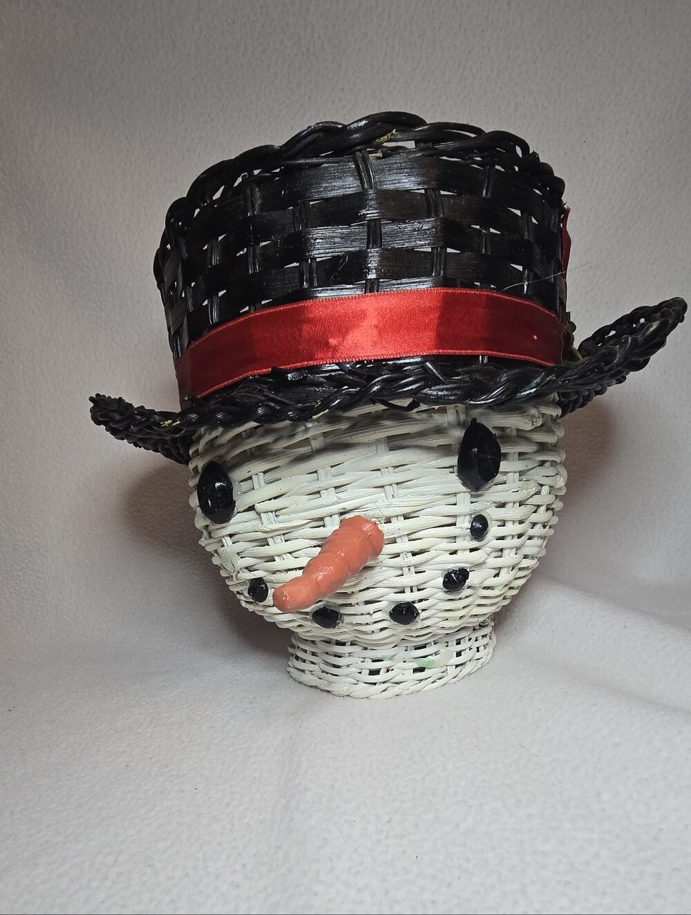 Vintage Black and White Wicker Snowman Planter with Red Ribbon